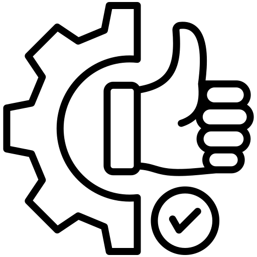 Outline of a gear with a thumbs up and a check mark, symbolizing approval, quality, or successful settings.