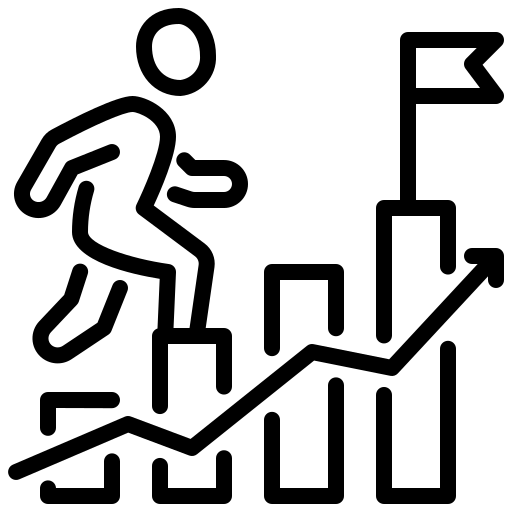 Line drawing of a person climbing bar graphs toward a flag, symbolizing progress and achievement.