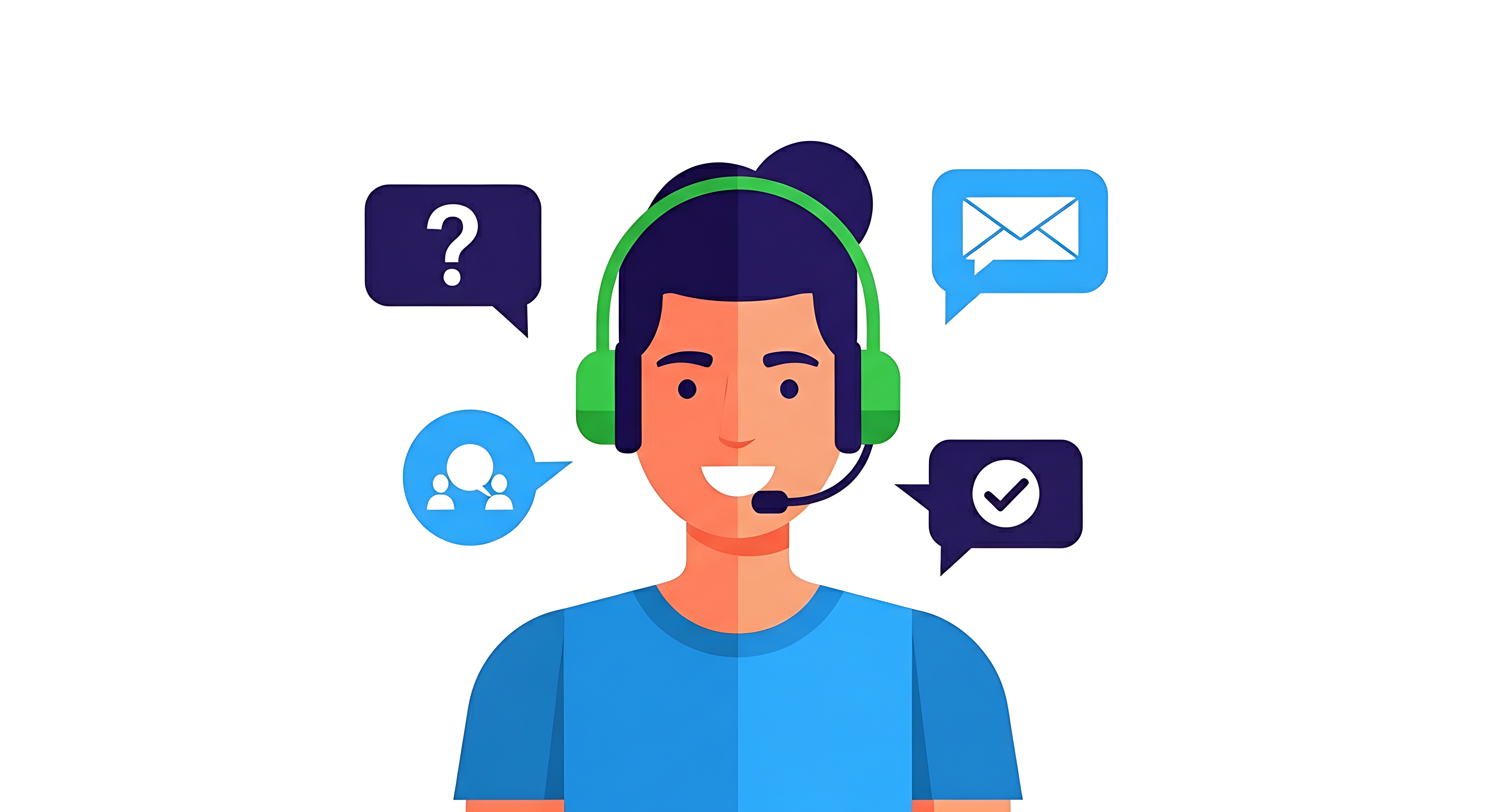 Illustration of a smiling customer service representative with headset and communication icons around them.