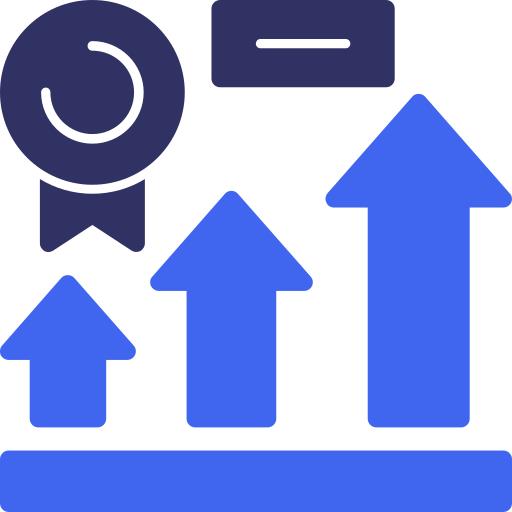 Three upward arrows, a ribbon, and a minus sign, symbolizing progress, achievement, and comparison, in blue tones.