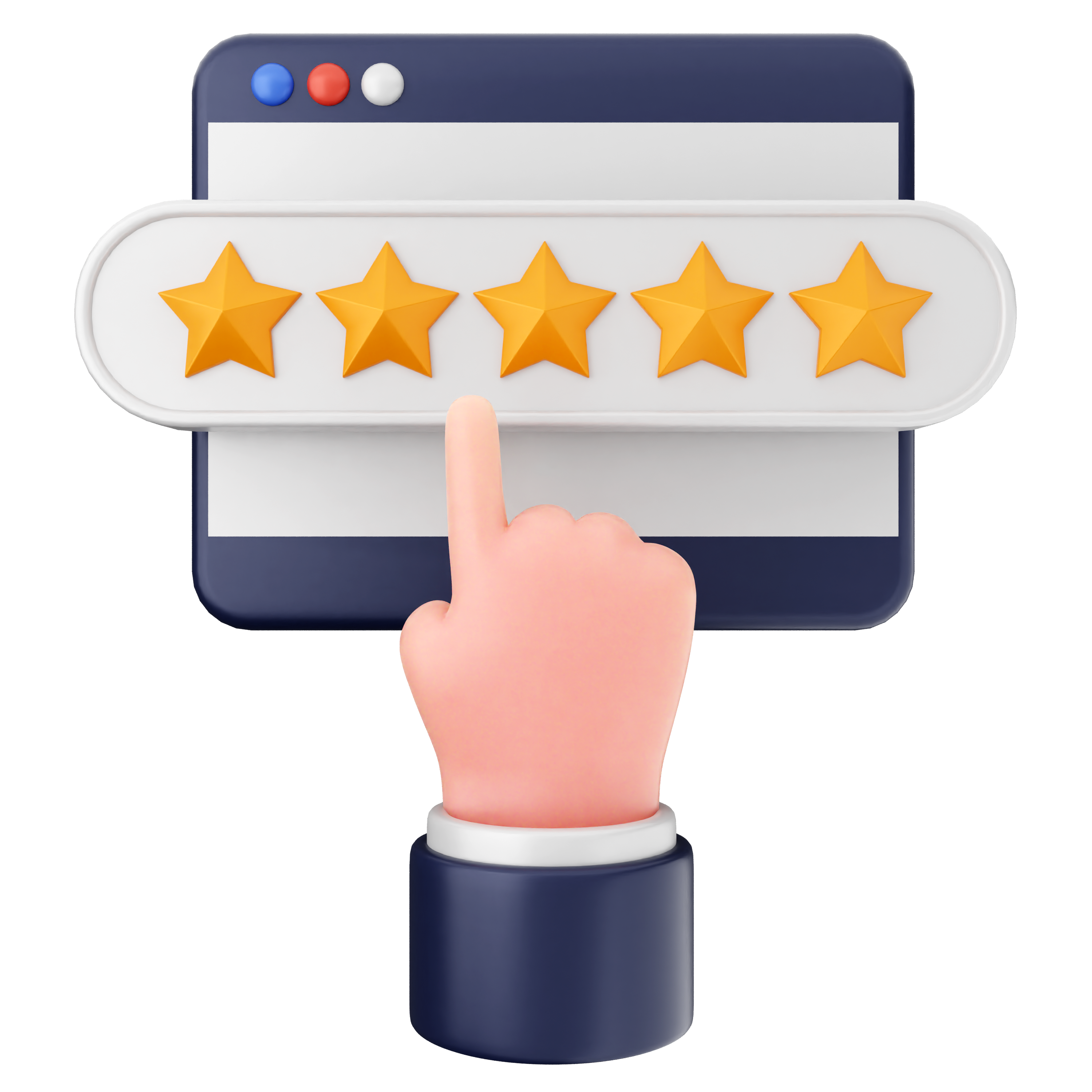 A cartoon hand points to five gold stars on a web browser rating interface.