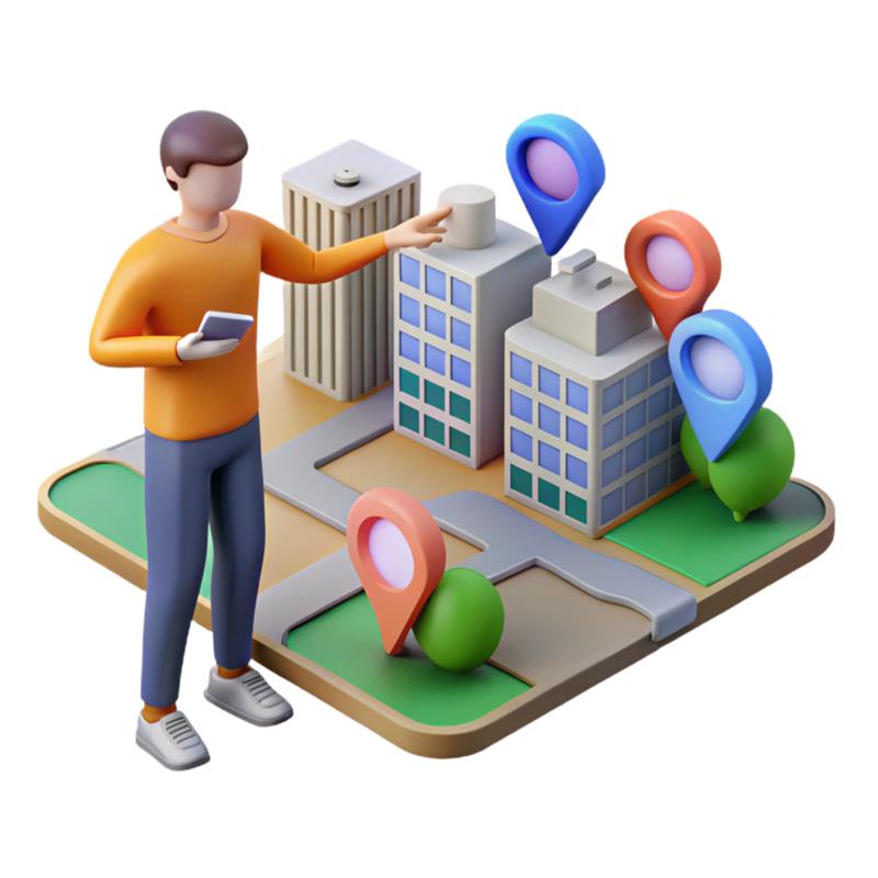 3D illustration of a person using a smartphone, standing by buildings marked with colorful map location pins.