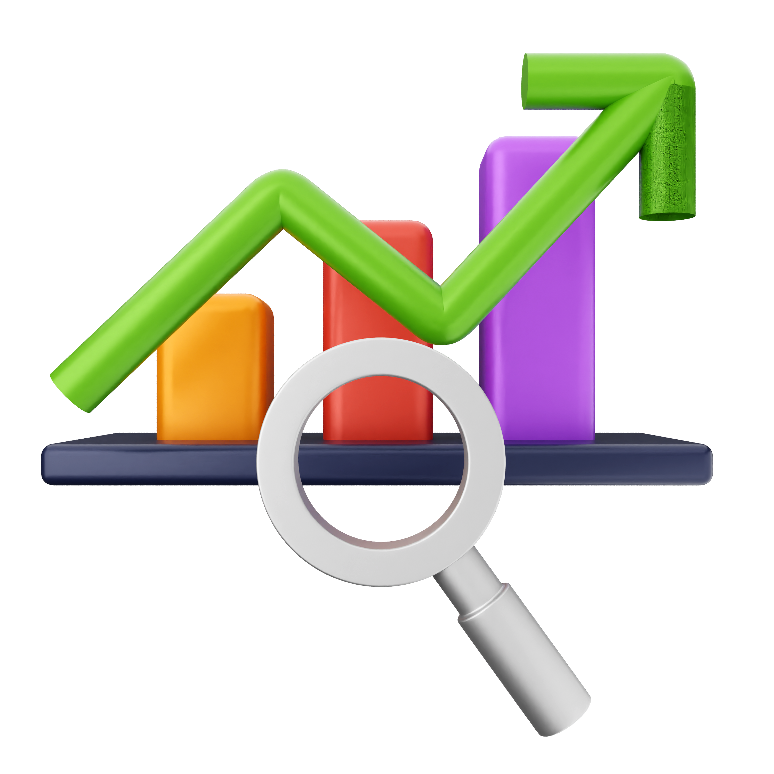 3D bar chart with rising green arrow and a magnifying glass in front, symbolizing data analysis and growth.