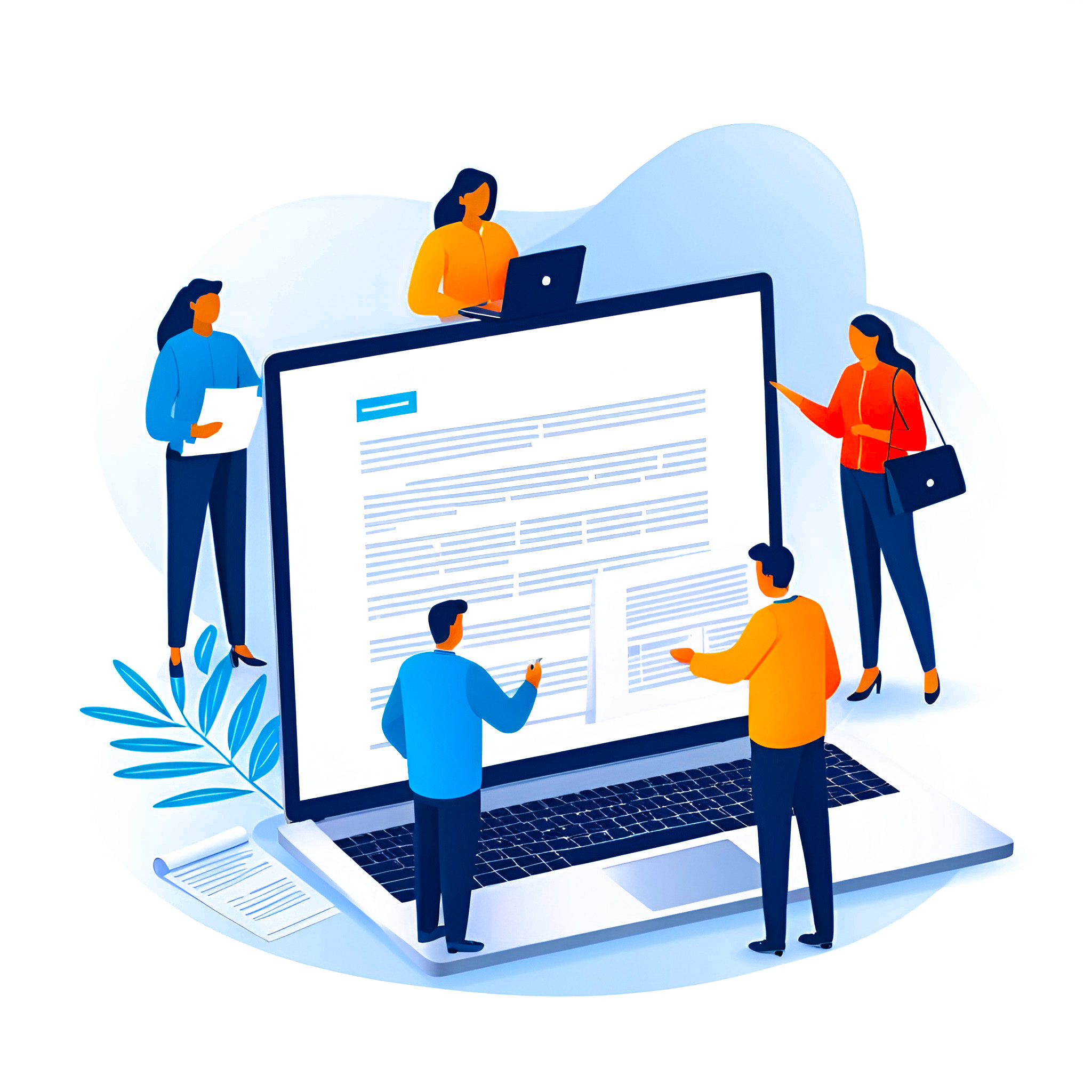 Illustration of four people collaborating on a large laptop screen with documents and text displayed.