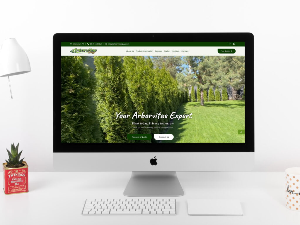A computer screen displays a website about arborvitae with a background of green trees and the text Your Arborvitae Expert.