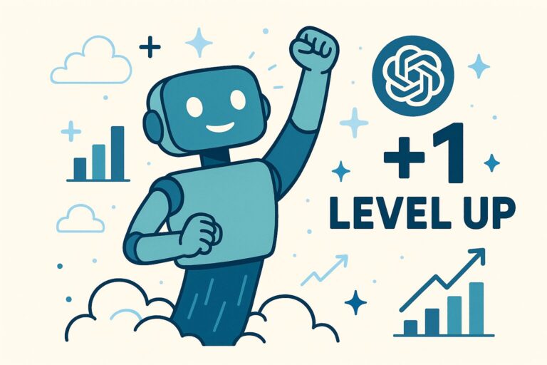 A smiling robot raises its fist beside a +1 Level Up sign and upward-trending graphs, symbolizing progress and success.