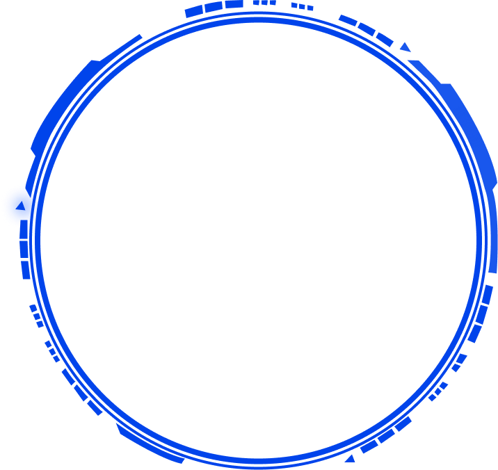 A circular blue digital frame with geometric patterns on a light gray background.