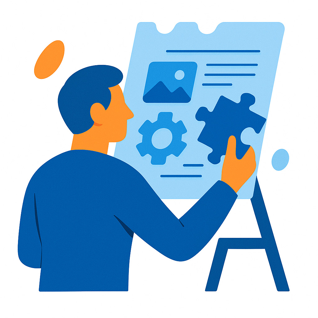 Illustration of a person fitting a puzzle piece onto a presentation board with images and a gear icon.