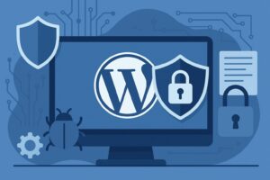 A computer screen showing the WordPress logo, security shields, a padlock, and a bug, symbolizing website security.