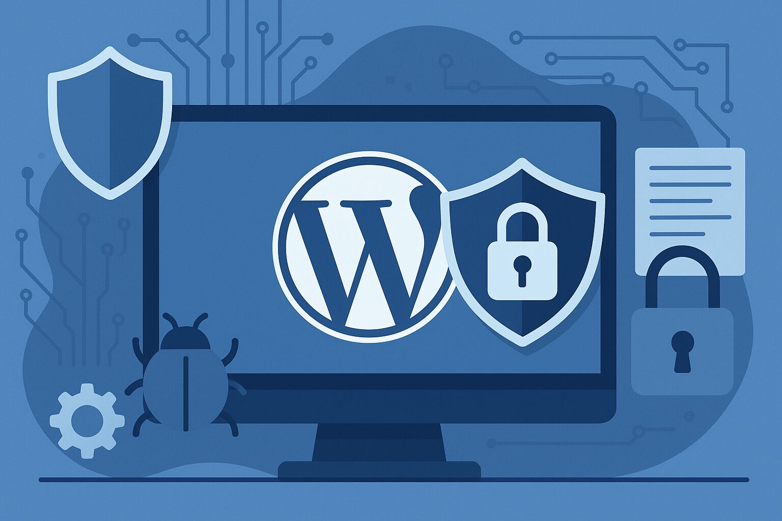 A computer screen showing the WordPress logo, security shields, a padlock, and a bug, symbolizing website security.