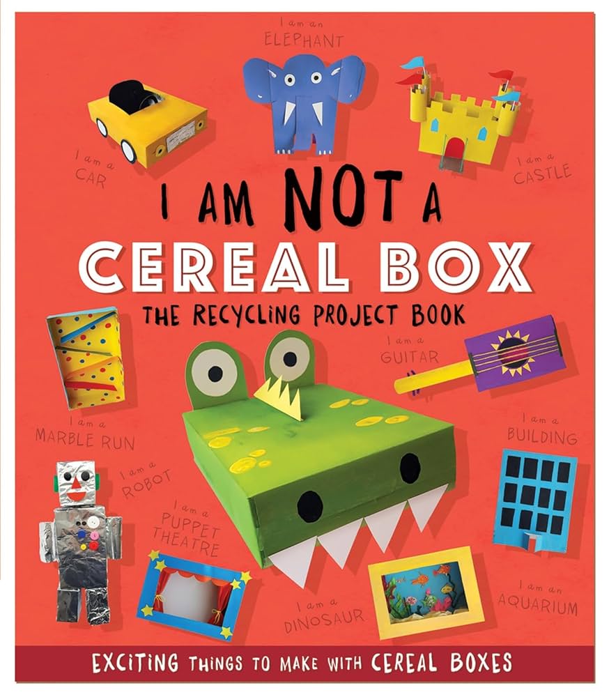 Book cover with colorful crafts made from cereal boxes, including a crocodile, castle, elephant, robot, guitar, and building.
