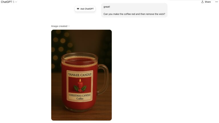 Yankee Candle Christmas coffee mug edited with red liquid and no visible wick.