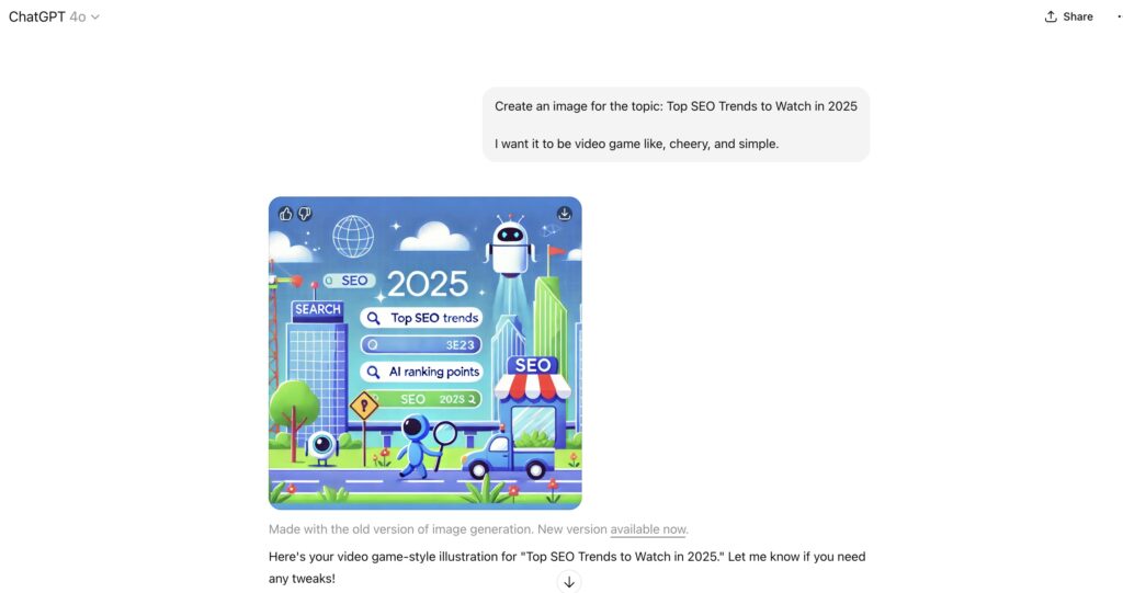 ChatGPT 4 generates video game-style SEO trends 2025 image with robot and search elements.
