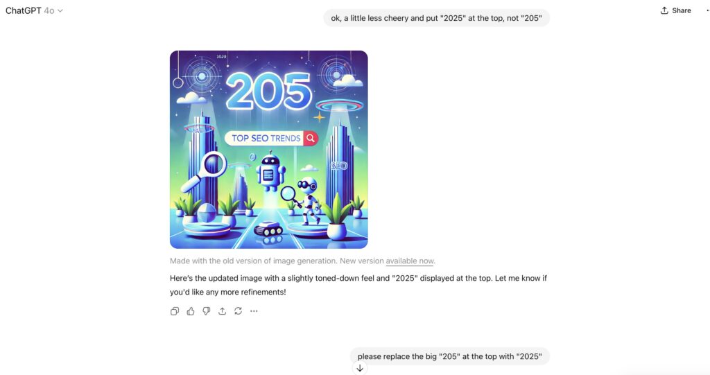 ChatGPT 4 SEO trends image displays 205 at top with robots, magnifying glass, and futuristic buildings.