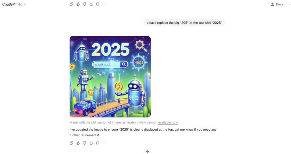 ChatGPT 4 updated SEO trends image shows 2025 at top with AI robots, coins, and futuristic skyline.