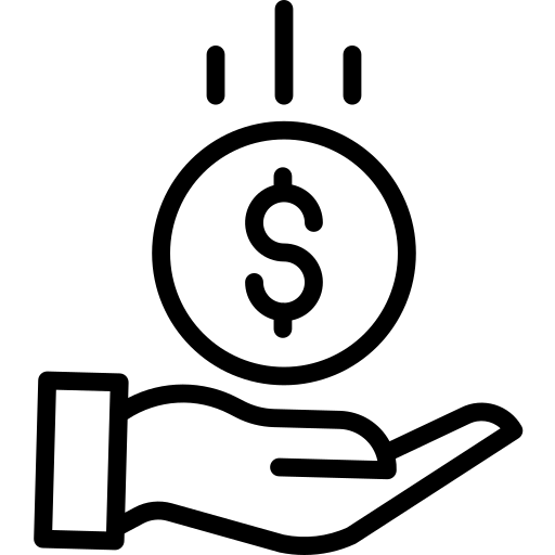 Outline of a hand holding a dollar coin, with three lines above indicating receiving or giving money.