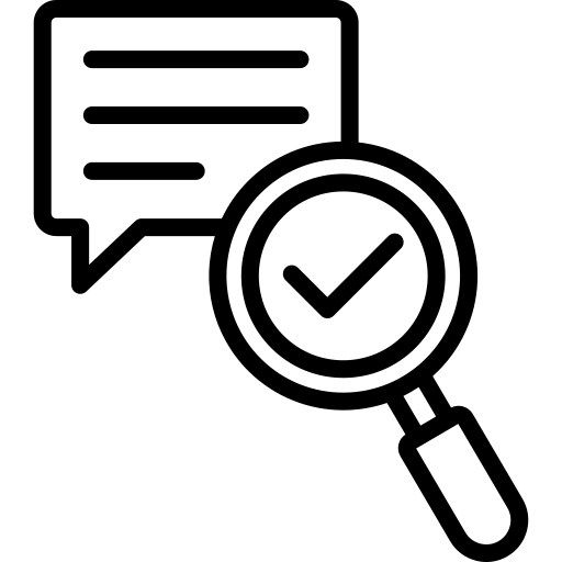 A speech bubble and magnifying glass with a checkmark, representing verified or approved communication.