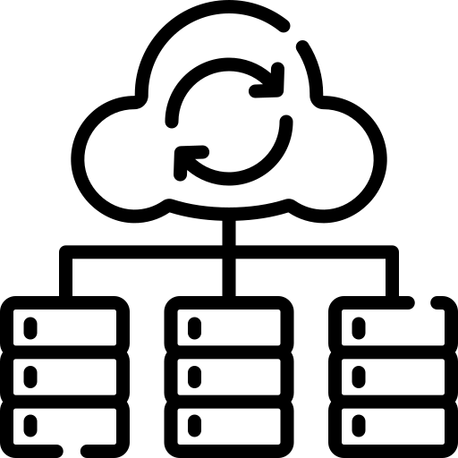 Cloud icon with synchronization arrows above server stacks, representing website cloud data syncing.