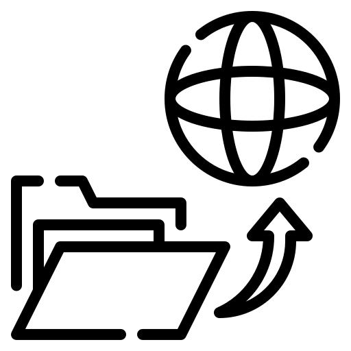 Line drawing of folders with an arrow pointing to a globe, symbolizing website file sharing or uploading.
