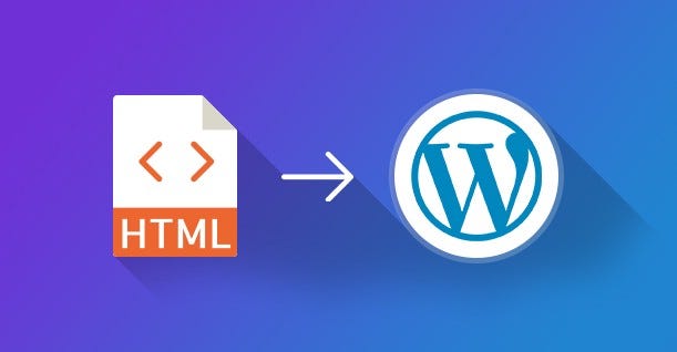HTML file icon with an arrow pointing to the WordPress logo on a blue and purple gradient background.