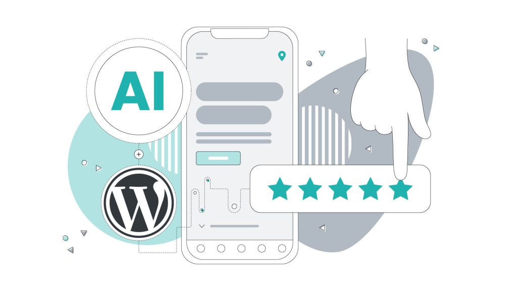 Illustration of a hand rating five stars on a phone, with website, AI, and WordPress logos in the background.