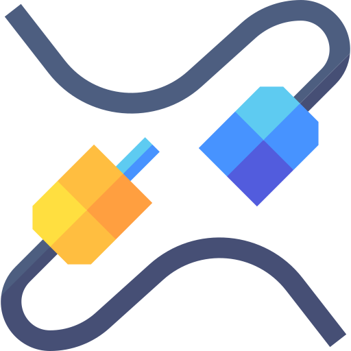 Illustration of two cables with colorful connectors, one orange and one blue, about to be plugged together.