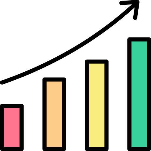 Four ascending colored bars with a rising black arrow, representing growth or increasing progress.