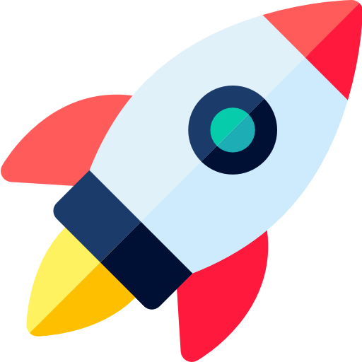 Colorful cartoon rocket with red fins, yellow flame, and a blue circular window, angled upwards on a light background.