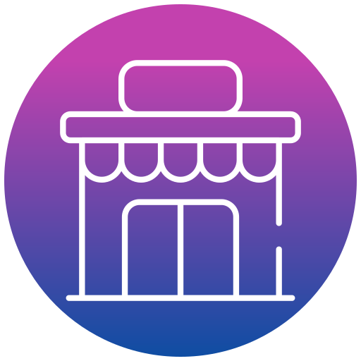 White outline of a storefront on a pink and purple gradient circle background.