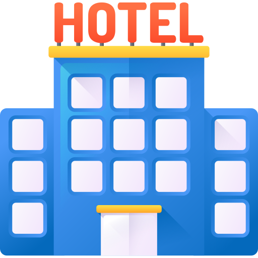 Illustration of a blue hotel building with large windows and a red HOTEL sign on the roof.