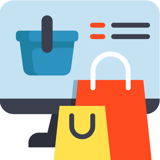 Illustration of a computer screen with a shopping basket and two shopping bags, representing online shopping.