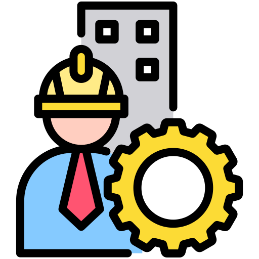 Icon of a person wearing a hard hat and tie, with a large gear and a building in the background.