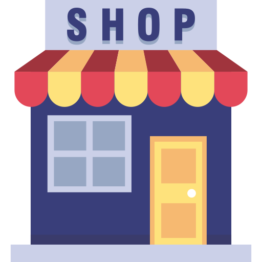 Illustration of a shop with a red and yellow striped awning, a window, and a yellow door.