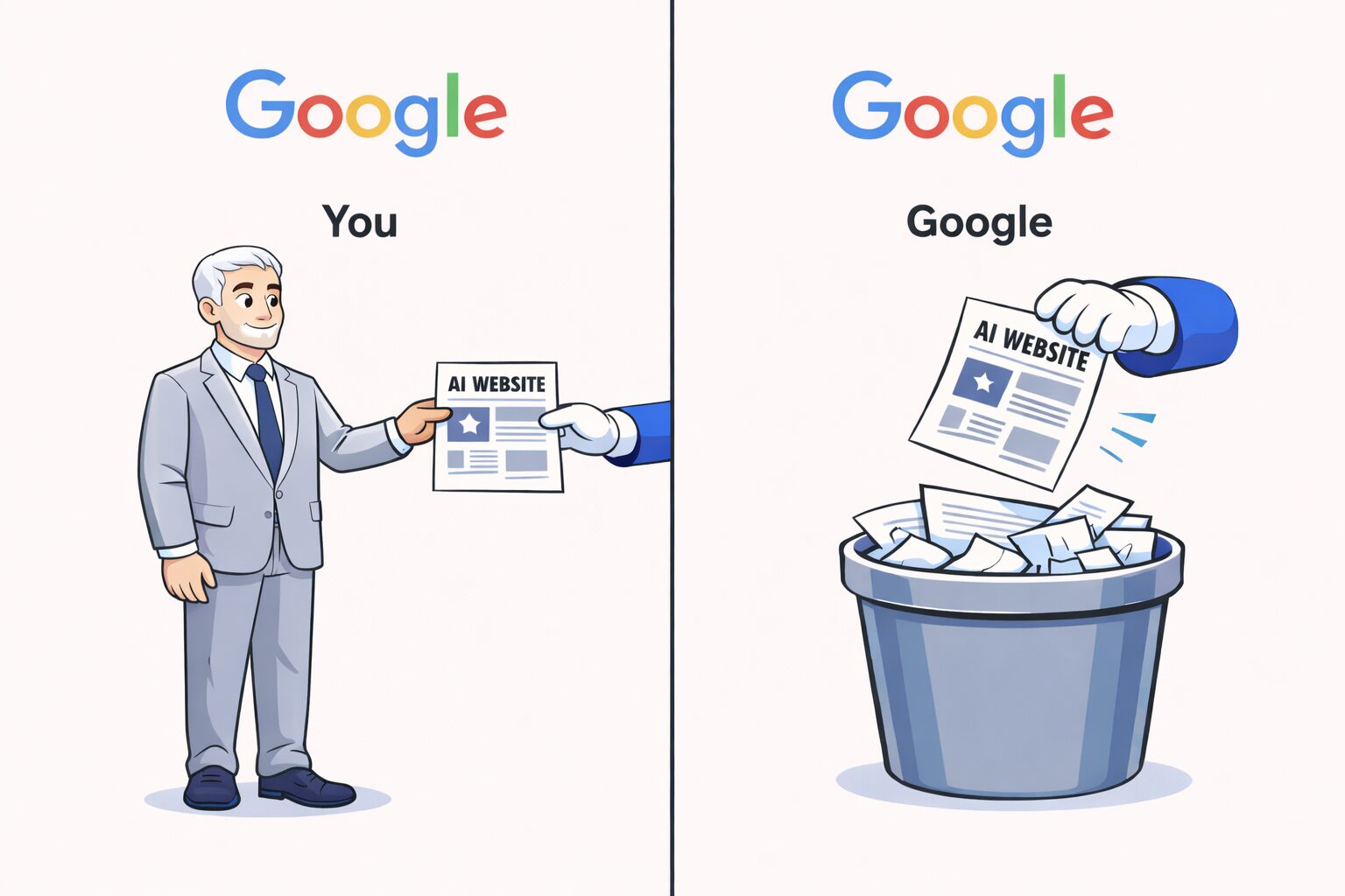 An older business man, labelled "you" in a suit handing a page with "AI Website" written on it to a hand on the left. On the right, that hand, labelled "Google" is putting that page into a trashcan.