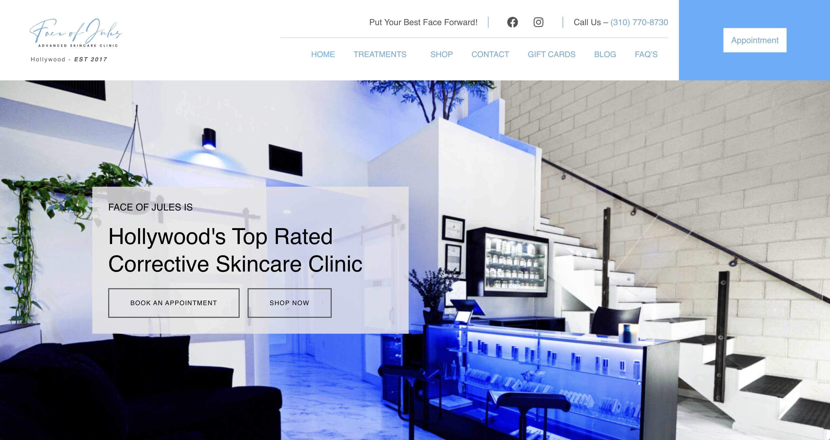 Modern skincare clinic interior with white walls, blue accents, a staircase, and promotional text about top-rated services.