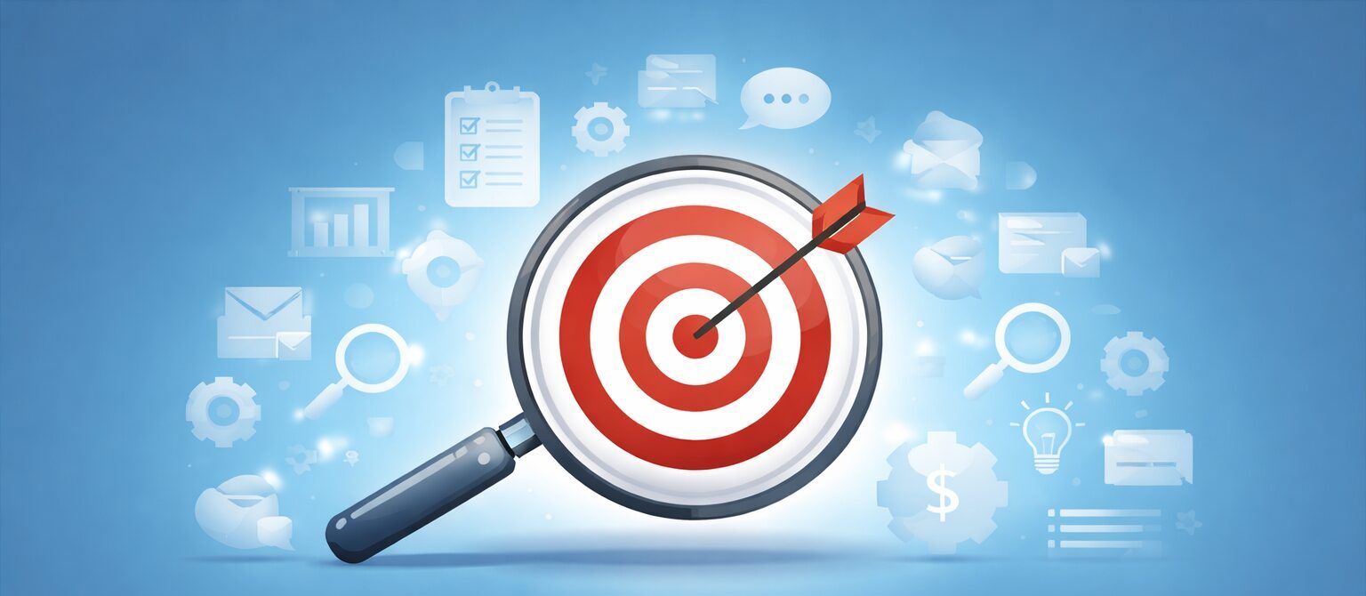 A magnifying glass focuses on a bullseye target with an arrow, surrounded by business and technology icons on a blue background.