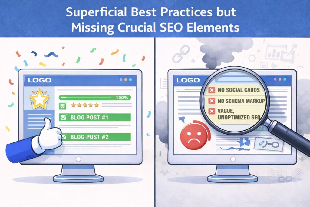 Two computer screens: one displays website SEO best practices, the other shows missing elements like social cards and schema markup.
