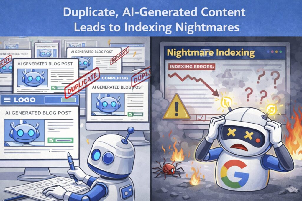 Split image: left shows duplicate AI blog posts on a website, right shows a distressed robot amid indexing errors and burning files.