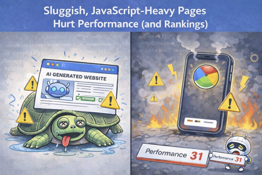A turtle with a slow website and a phone showing a loading icon illustrate poor website performance and low rankings.