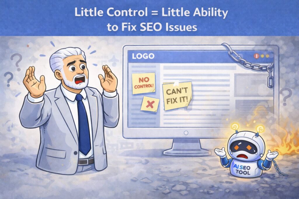 A confused man and a sad robot stand by a locked website screen with signs reading No control and Can’t fix it.
