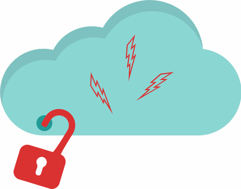 A cloud with an open red padlock and red lightning bolts, symbolizing a website cloud security breach.