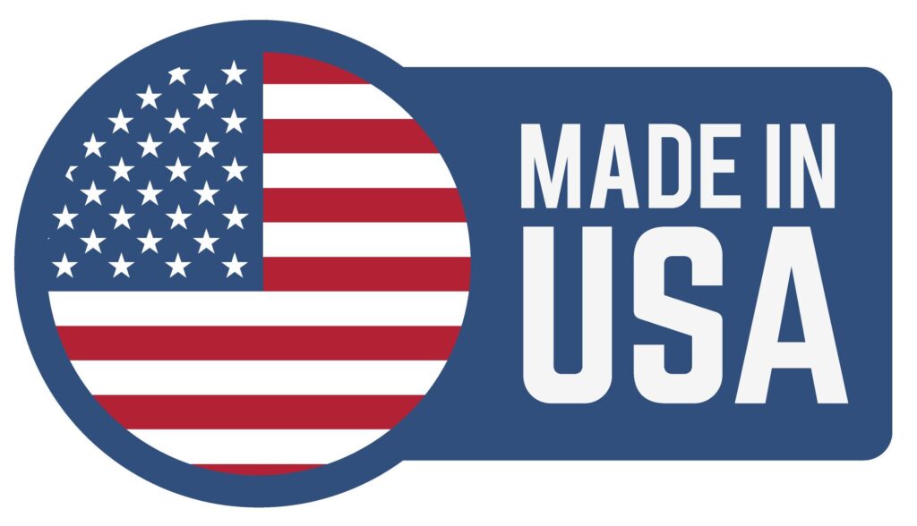 A Made in USA label with a stylized American flag on a blue website background.