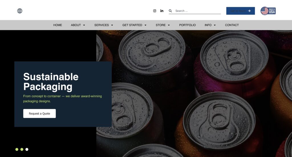 Close-up of aluminum soda cans with water droplets; text overlay promotes sustainable packaging and a quote request button.