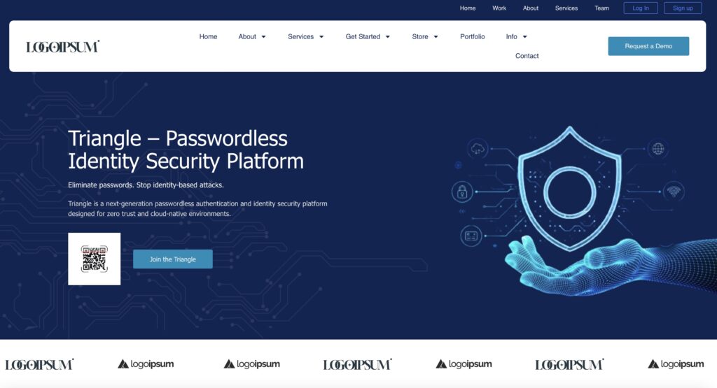 Website homepage showing a hand holding a digital shield icon, advertising a passwordless identity security platform.