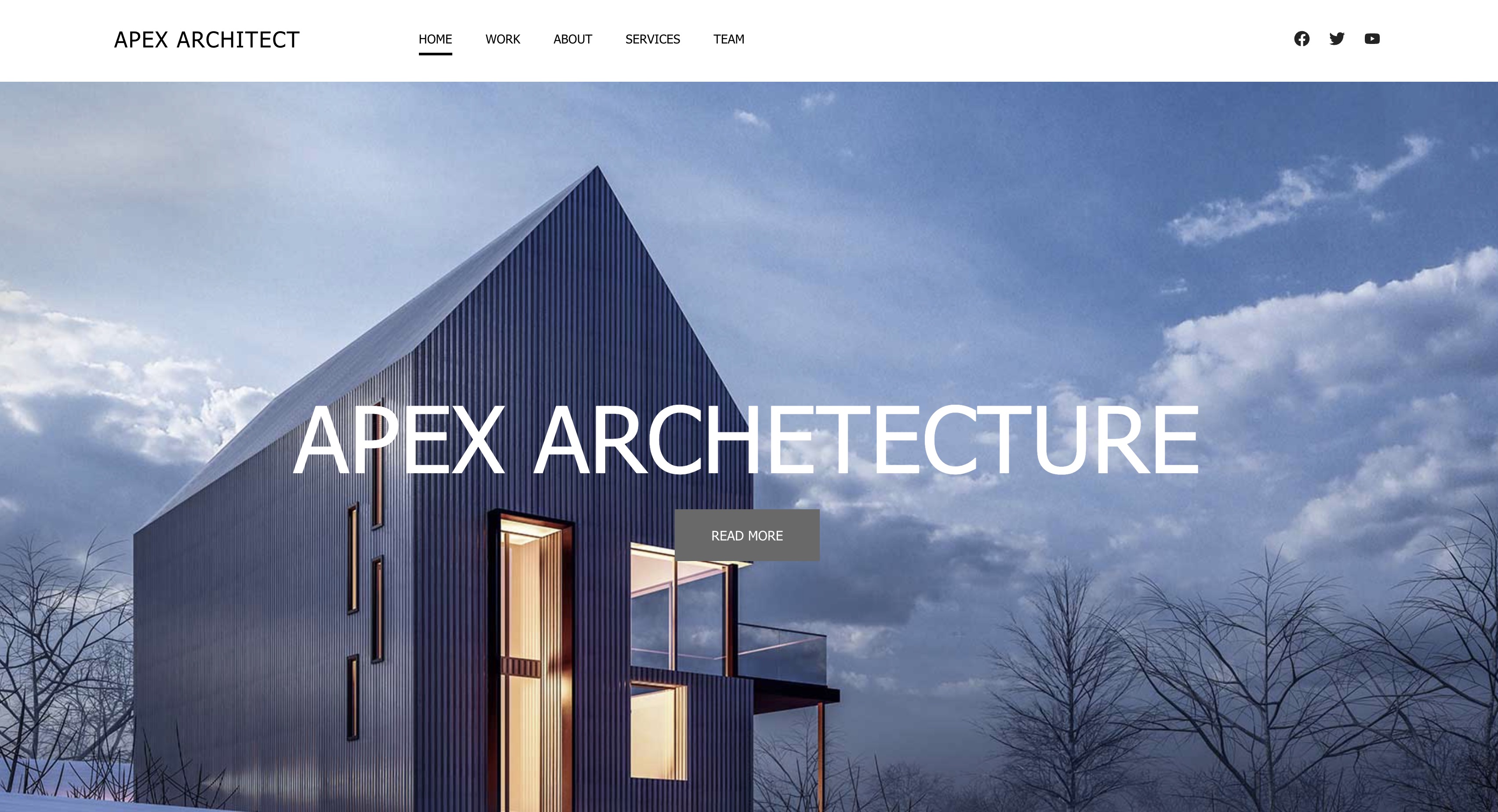 A modern house with large windows at dusk, with “Apex Architecture” text overlaid and a navigation menu above.