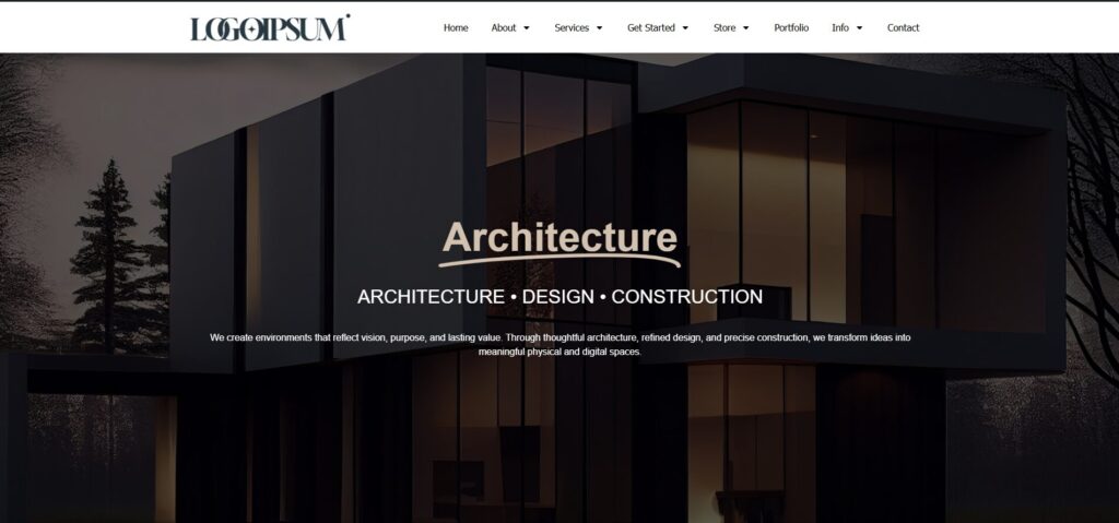 Modern house exterior at dusk with large windows, dark walls, and Architecture text overlayed on the website homepage.