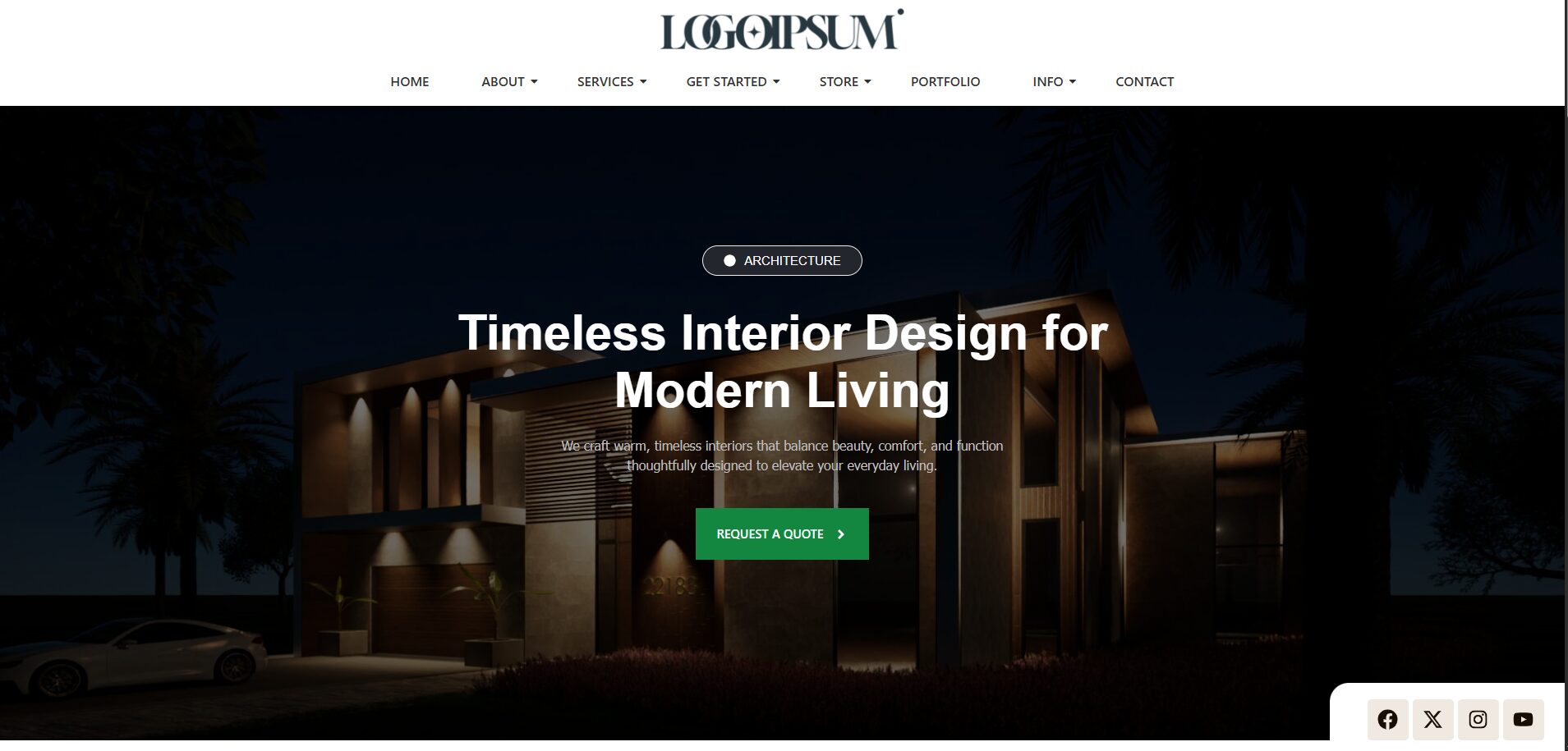 Modern house exterior at night with illuminated windows, palm trees, and website header text about interior design services.