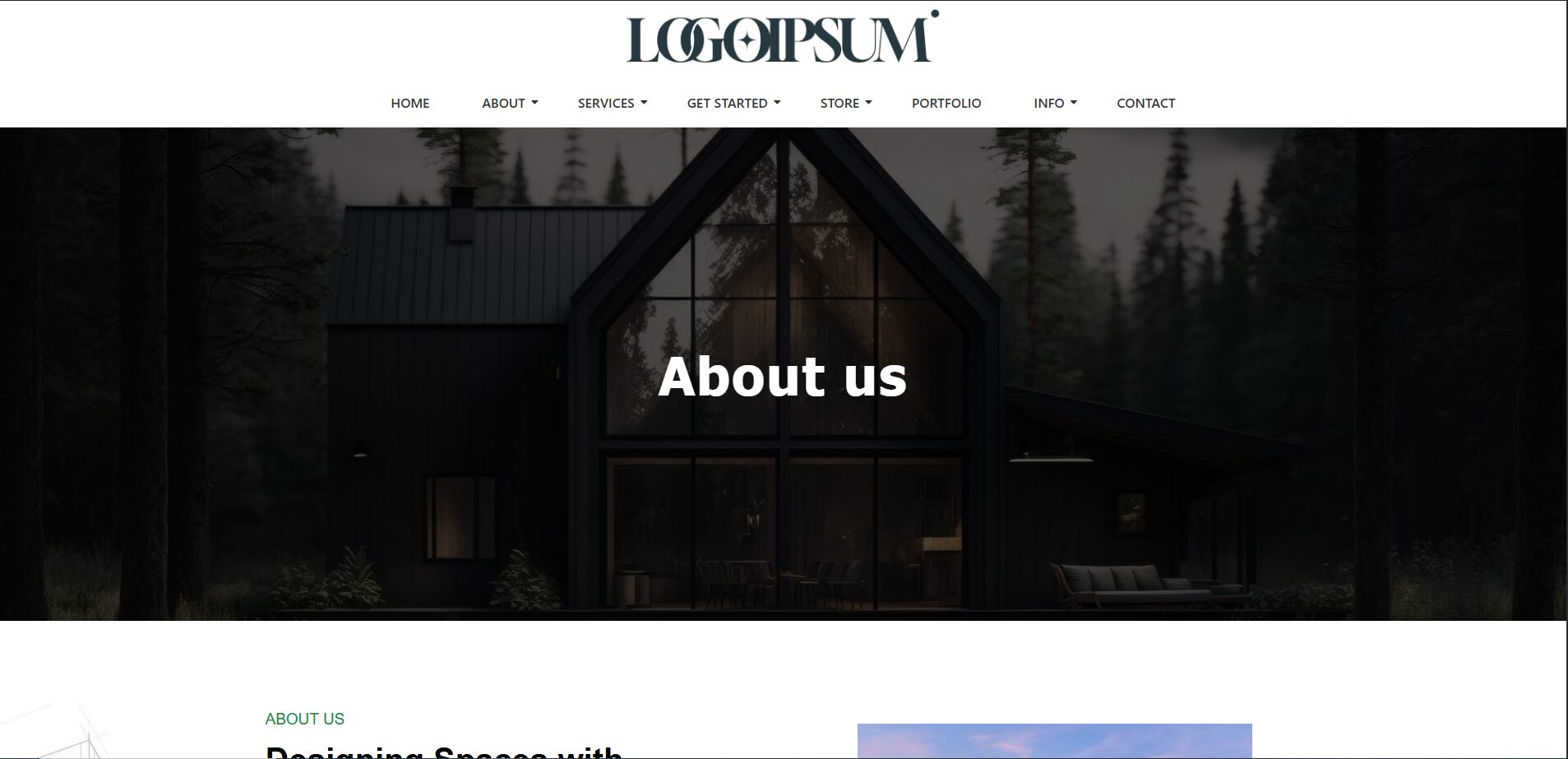 A modern black house at dusk with About us text overlayed on a website header.