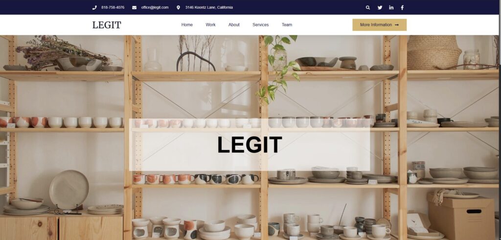 Wooden shelves filled with ceramic cups and bowls are displayed behind a transparent LEGIT website header and navigation bar.