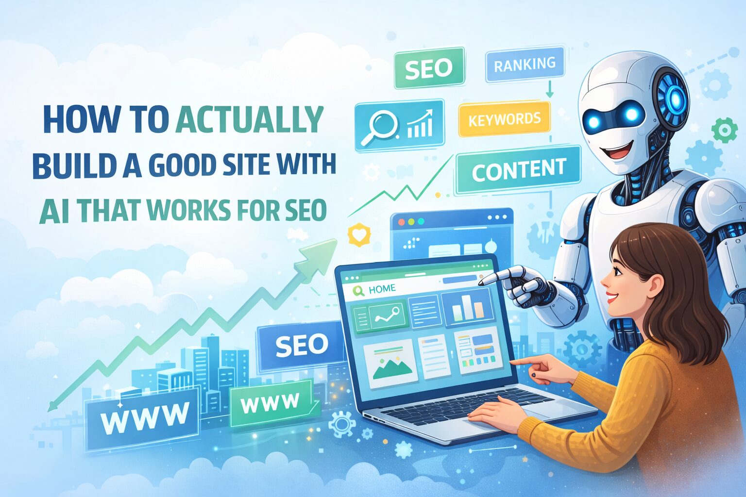 A robot helps a woman build a website on a laptop, surrounded by SEO and AI-related icons and charts.